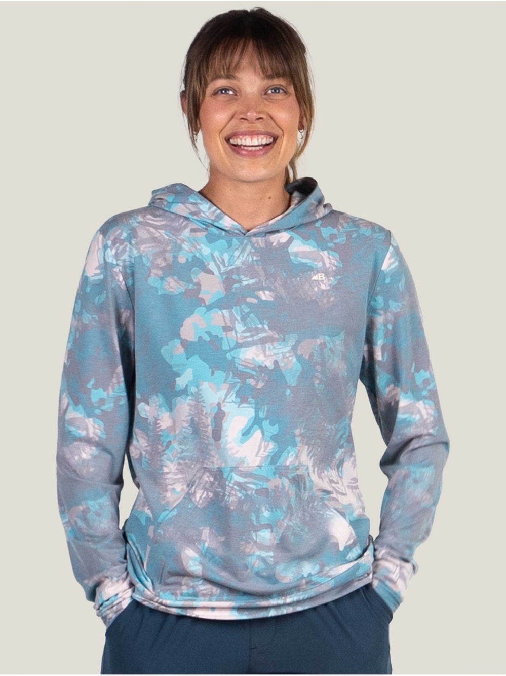 Belong Designs Women's Graphic Traverse Tek Hoodie - Aqua Woodland Splash
